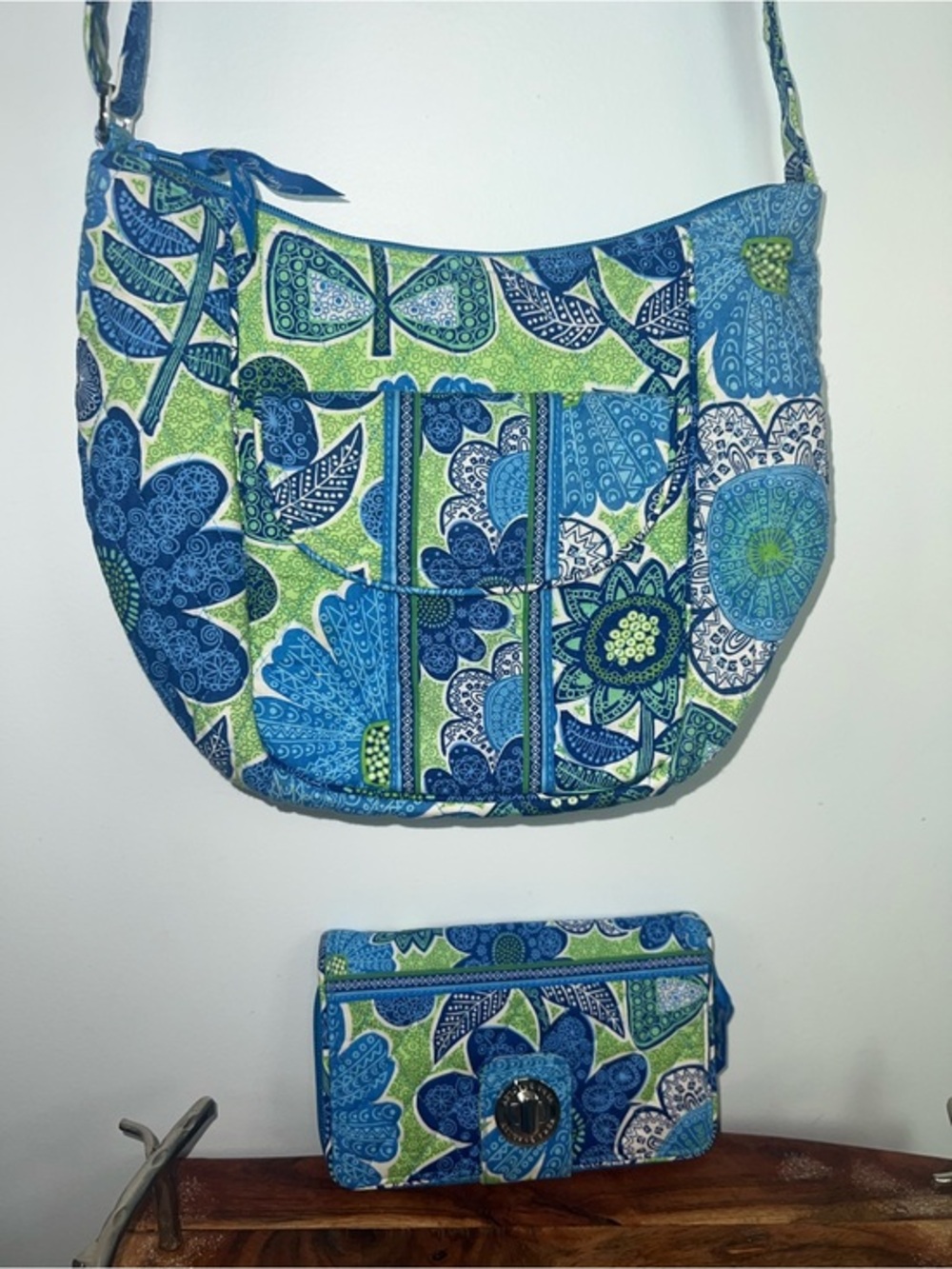 Vera Bradley Blue & Green Floral Crossbody Purse + Matching Wallet Set